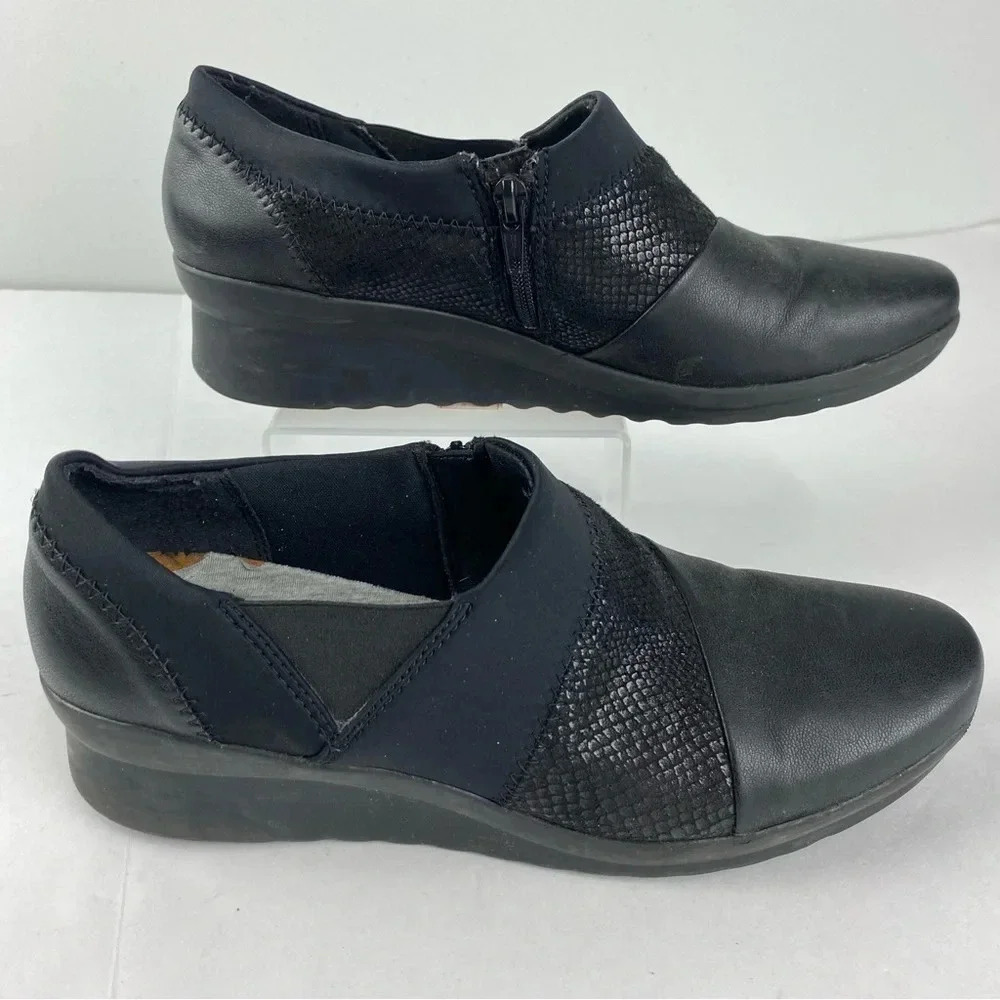 Clarks Cloudsteppers Womens 9 Cadell Denali Black Leather Side Zip Croc Detail
